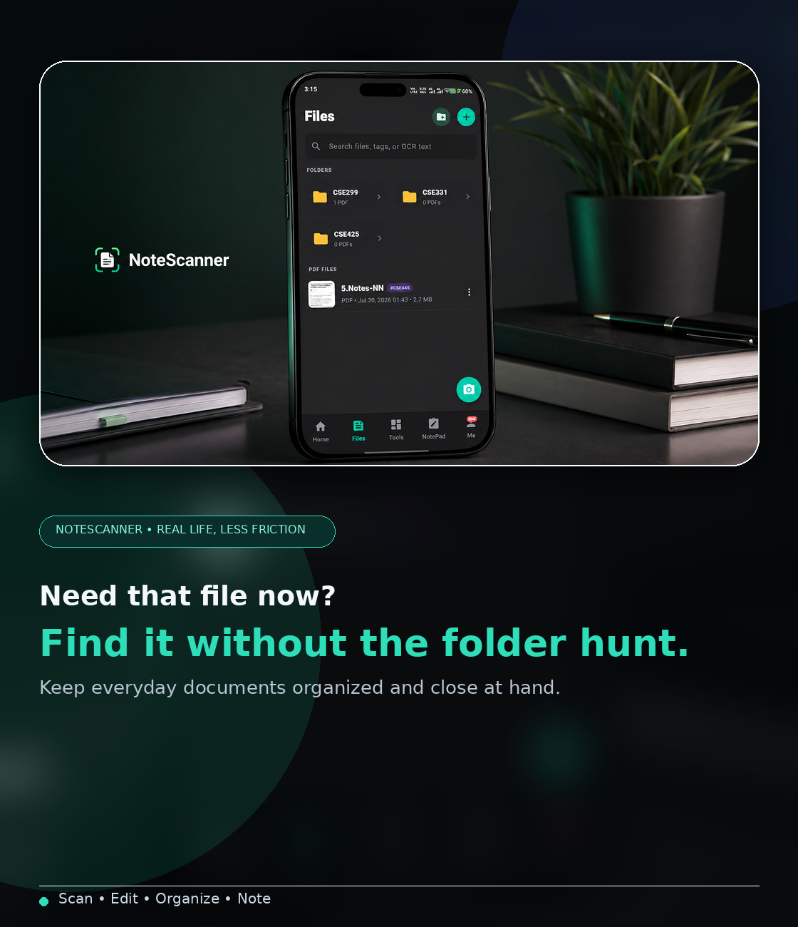 A clean advertising visual showing the NoteScanner files and folders interface on a phone.