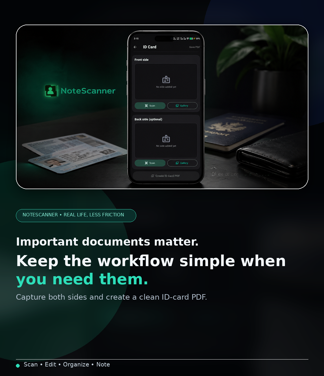 A clean advertising visual showing the NoteScanner ID card workflow on a phone.