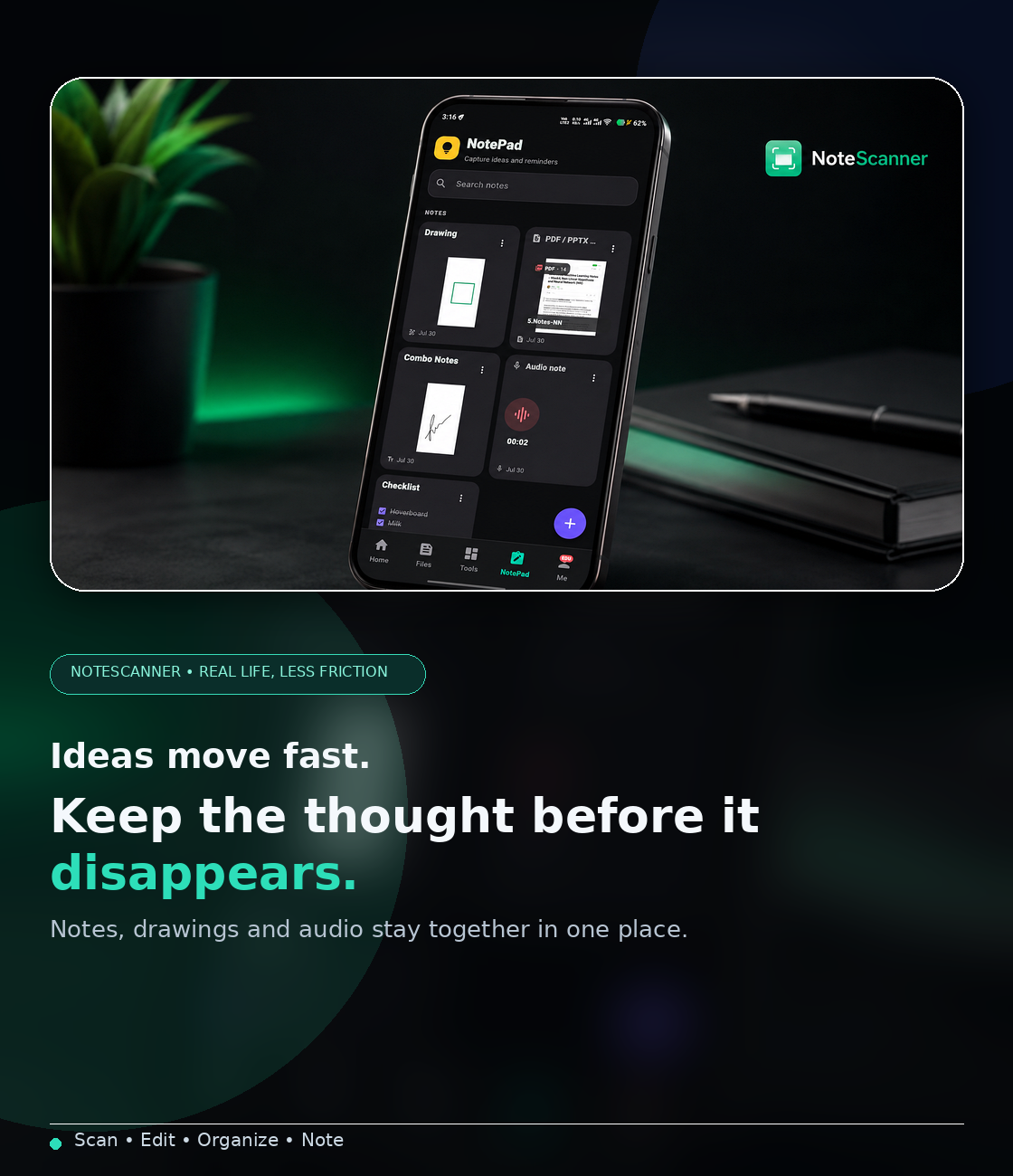 A clean advertising visual showing the NoteScanner NotePad interface on a phone.