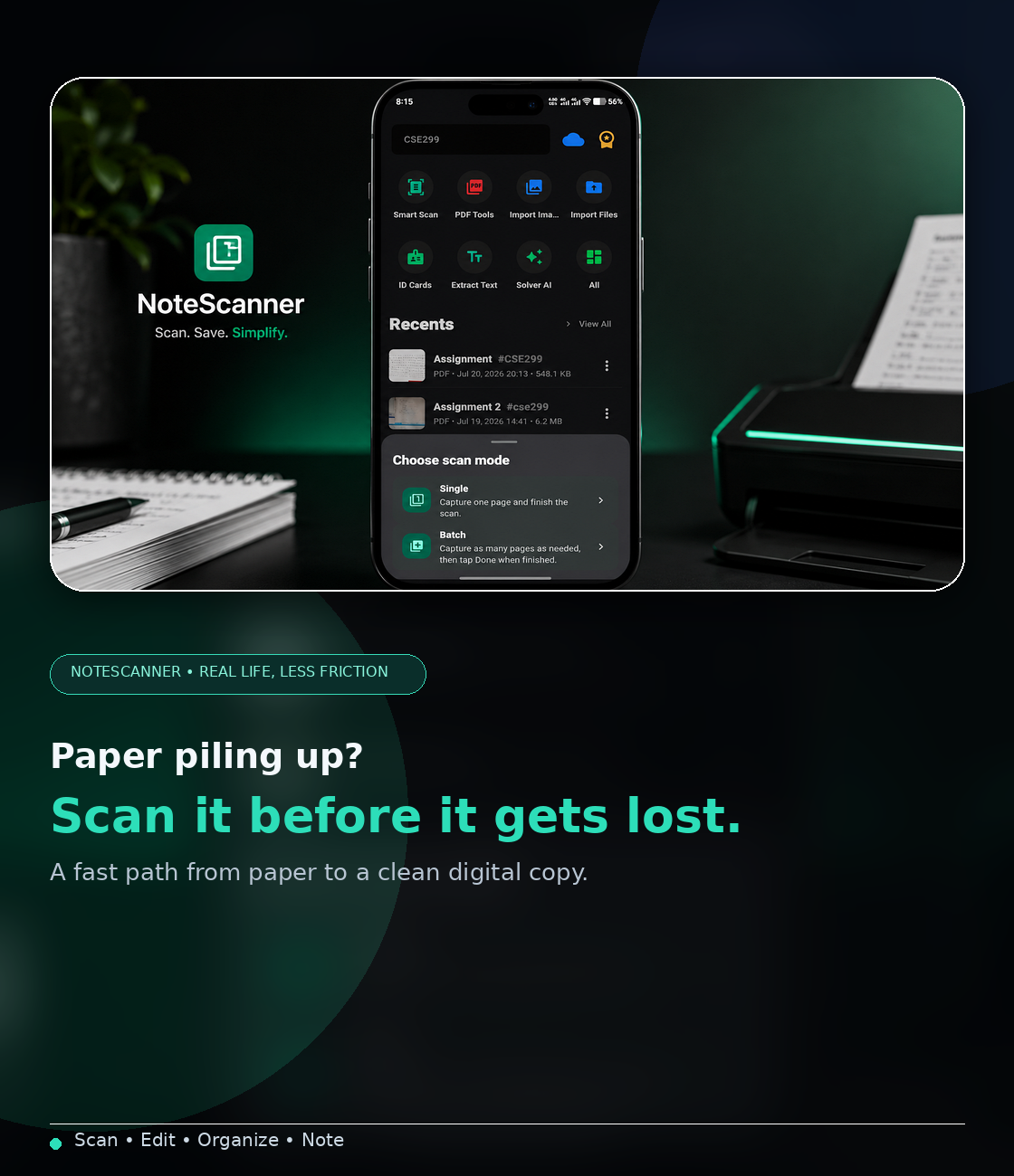 A clean advertising visual showing the NoteScanner scanning workflow on a phone with realistic desk props.